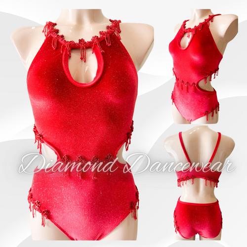 Adult Size 8 -  Red Glitter Velvet Jazz Dance Costume - In Stock