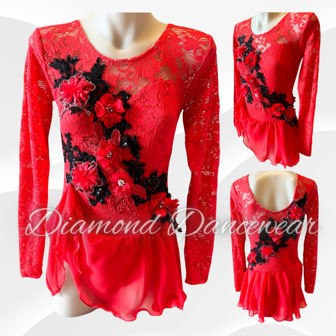 Girls Size 12 - Beautiful Red and Black Lace Dance Costume  - In Stock