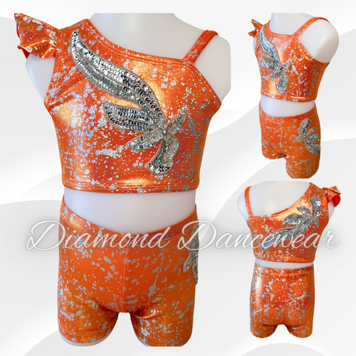 Girls Size 6 - Two Piece Orange and Silver Jazz Costume - In Stock