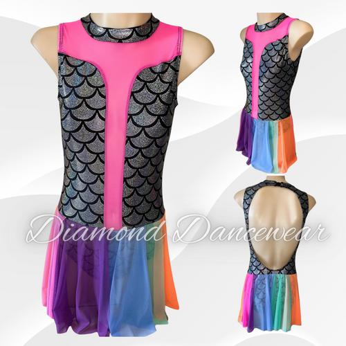 Girls Size 12 - Black / Silver and Rainbow Dance Costume  - In Stock
