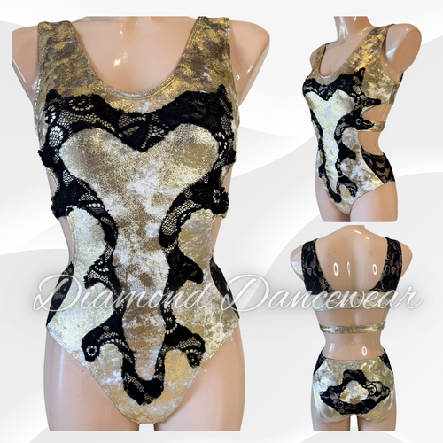 Adult Size 8 - Gold Velvet and Black Lace Leotard - In Stock