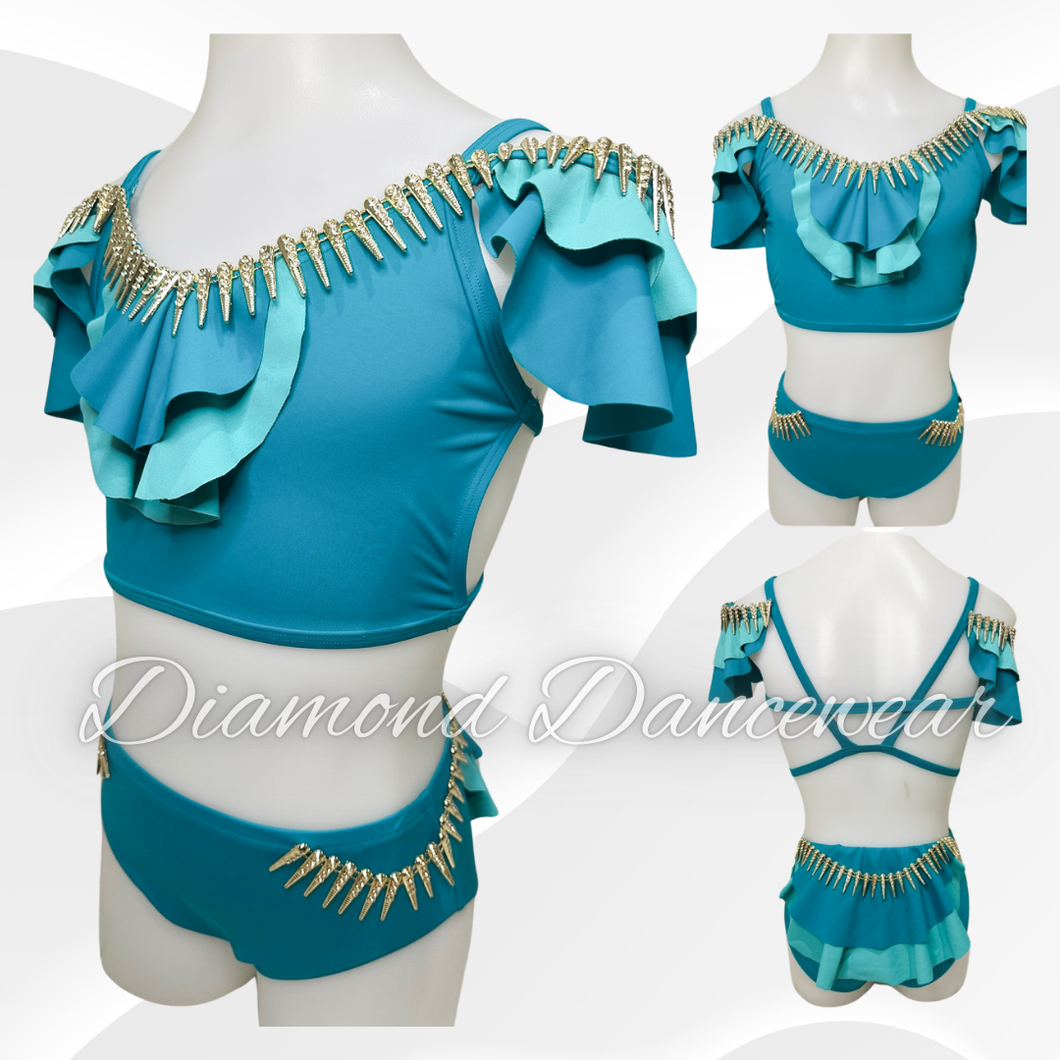 Girls Size 10 - Teal Green Two Piece Jazz Dance Costume - In Stock