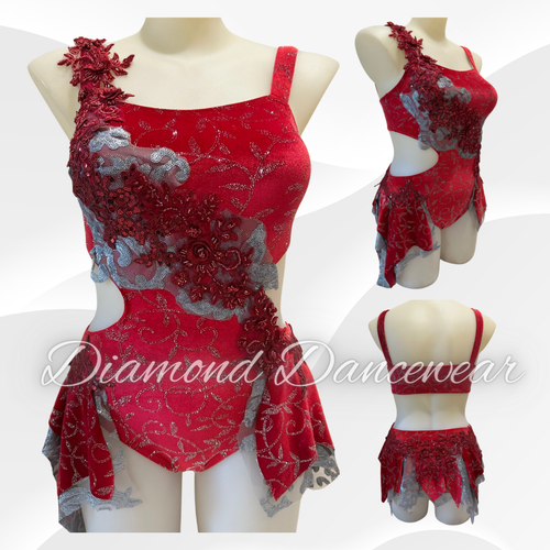 Adults 12 - Red and Silver Lyrical or Contemporary Dance Costume - In Stock