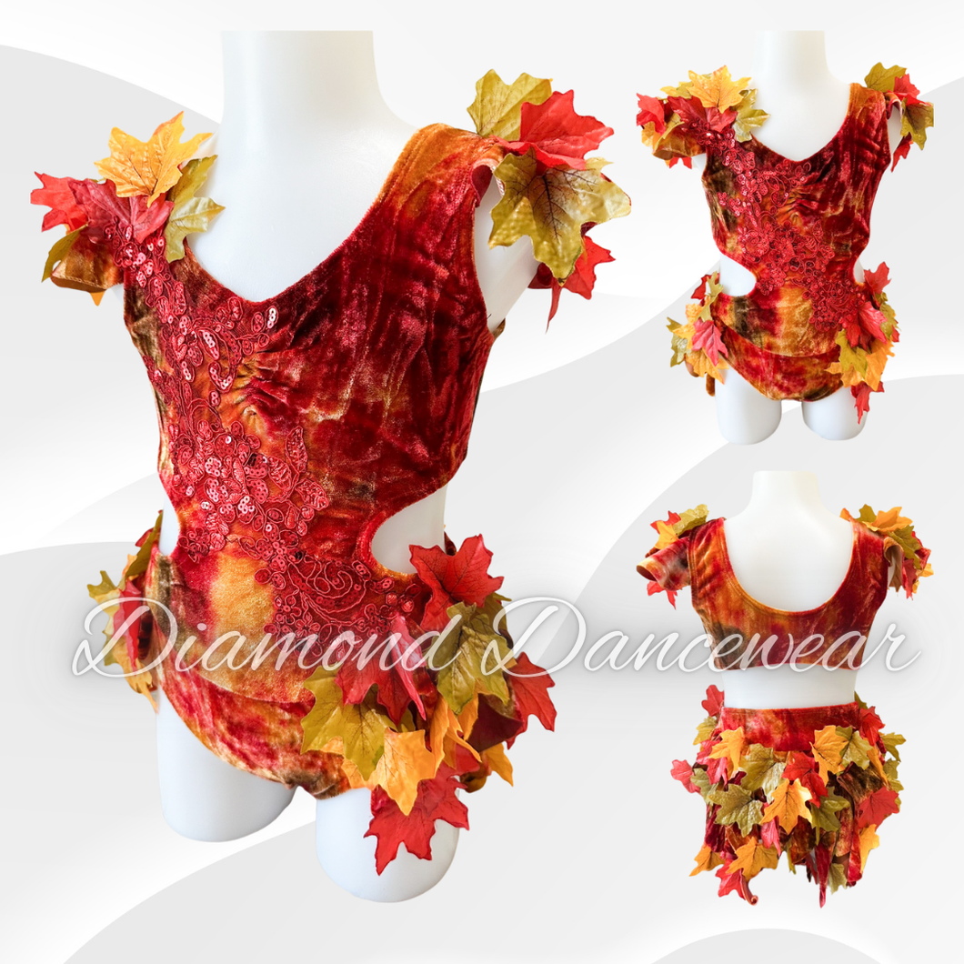 Girls Size 6 -  Velvet Dance Costume with Leaves - In Stock