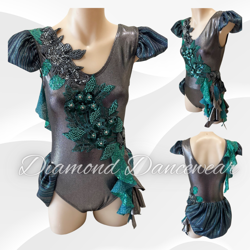 Girls Size 12 - Grey and Emerald Green Dance Costume  - In Stock