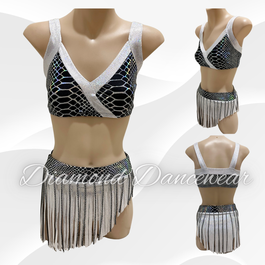 Girls Size 12 - LC - White, Silver and Black Broadway Jazz Leotard - In Stock