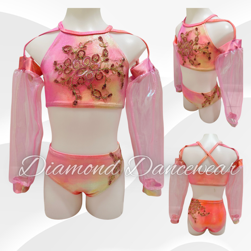 Girls Size 8 / SC - Pink and Gold Two Piece Dance Costume - In Stock
