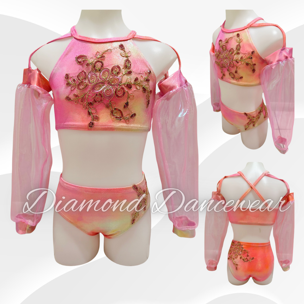 Girls Size 8 / SC - Pink and Gold Two Piece Dance Costume - In Stock