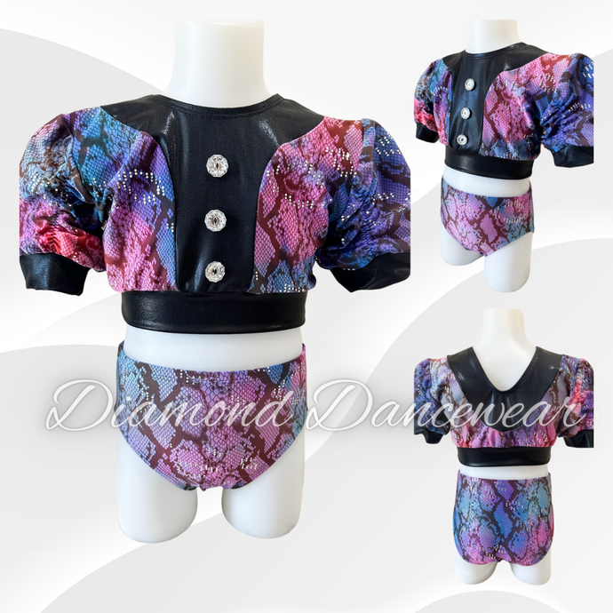 Girls size 6 - Blue, Purple and Black Jazz Two Piece Dance Costume - In Stock