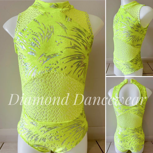 Girls Size 10 - Neon Yellow and Silver Foil Velvet Dance Costume - In Stock