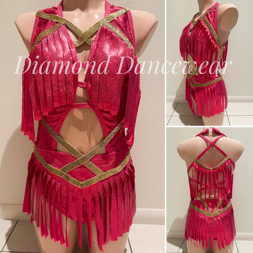 Adult Size 8 -  Pink / Red and Gold Jazz Dance Costume - In Stock