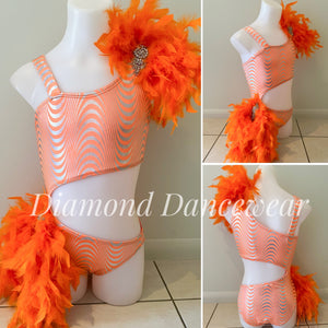 Girls Size 10 - Orange and Silver Dance Costume with Feathers - In Stock