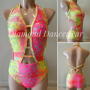 Adult Size 8 - Neon Yellow, Pink & Orange Leotard with Silver Foil