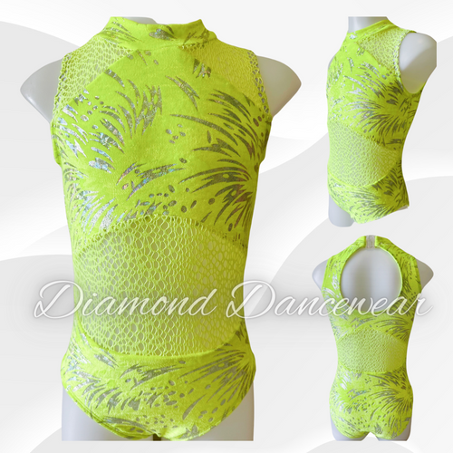 Girls Size 10 - Neon Yellow and Silver Foil Velvet Dance Costume - In Stock