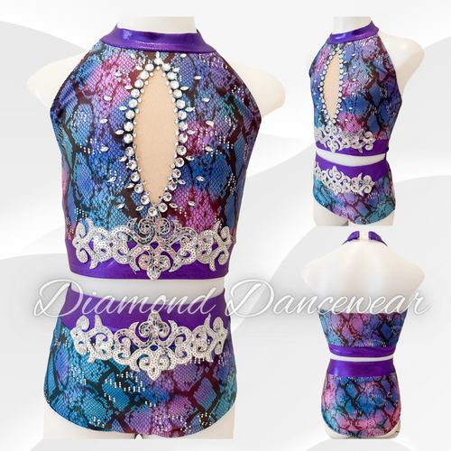 Girls Size 10 -  Purple, Blue and Silver Two Piece Jazz Costume - In Stock