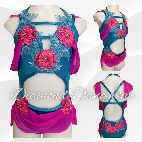 Girls Size 10 - Turquoise and Hot Pink Dance Costume - In Stock