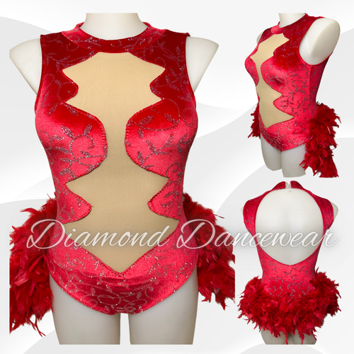 Adults 12 -  Red and Silver Dance Costume with Feathers - In Stock