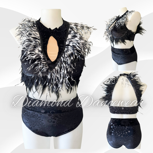 Adults 12 -  Black and White Feather Two Piece Dance Costume - In Stock