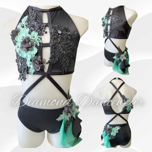 Girls Size 10 - Striking Charcoal and Green Lyrical Dance Costume - In Stock