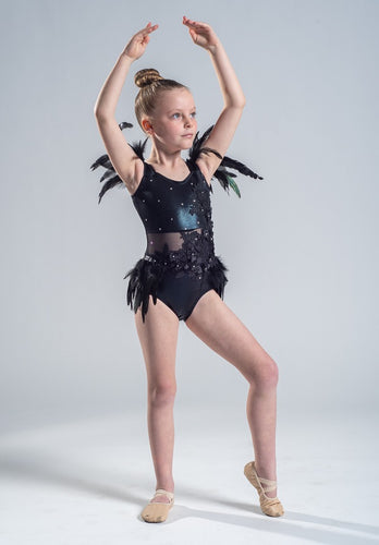 Black Contemporary Dance Costume with Feathers and Crystals