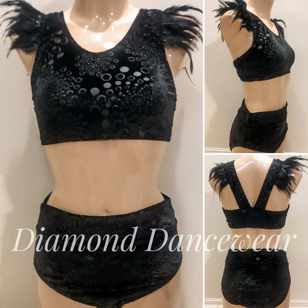 Adults Size 10 - Black Velvet and Feather Two Piece Dance Costume - In Stock