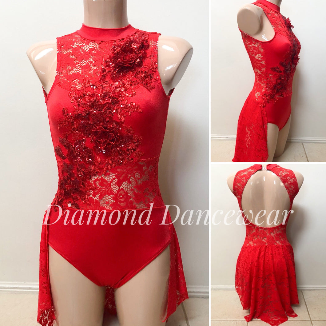 Adult Size 8 - Red Lace Lyrical Dance Costume - In Stock