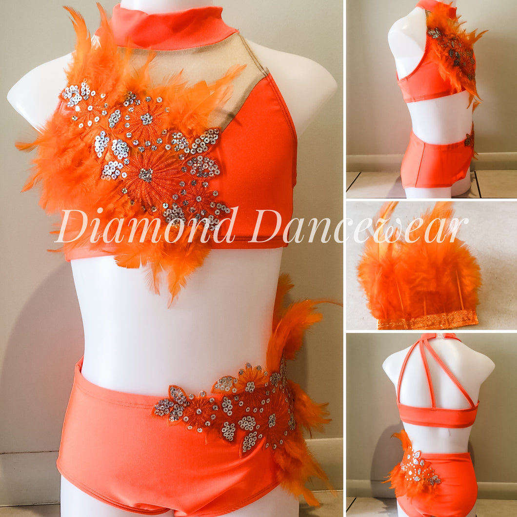 Girls Size 10 - Neon Orange Feather Two Piece Jazz Dance Costume - In Stock