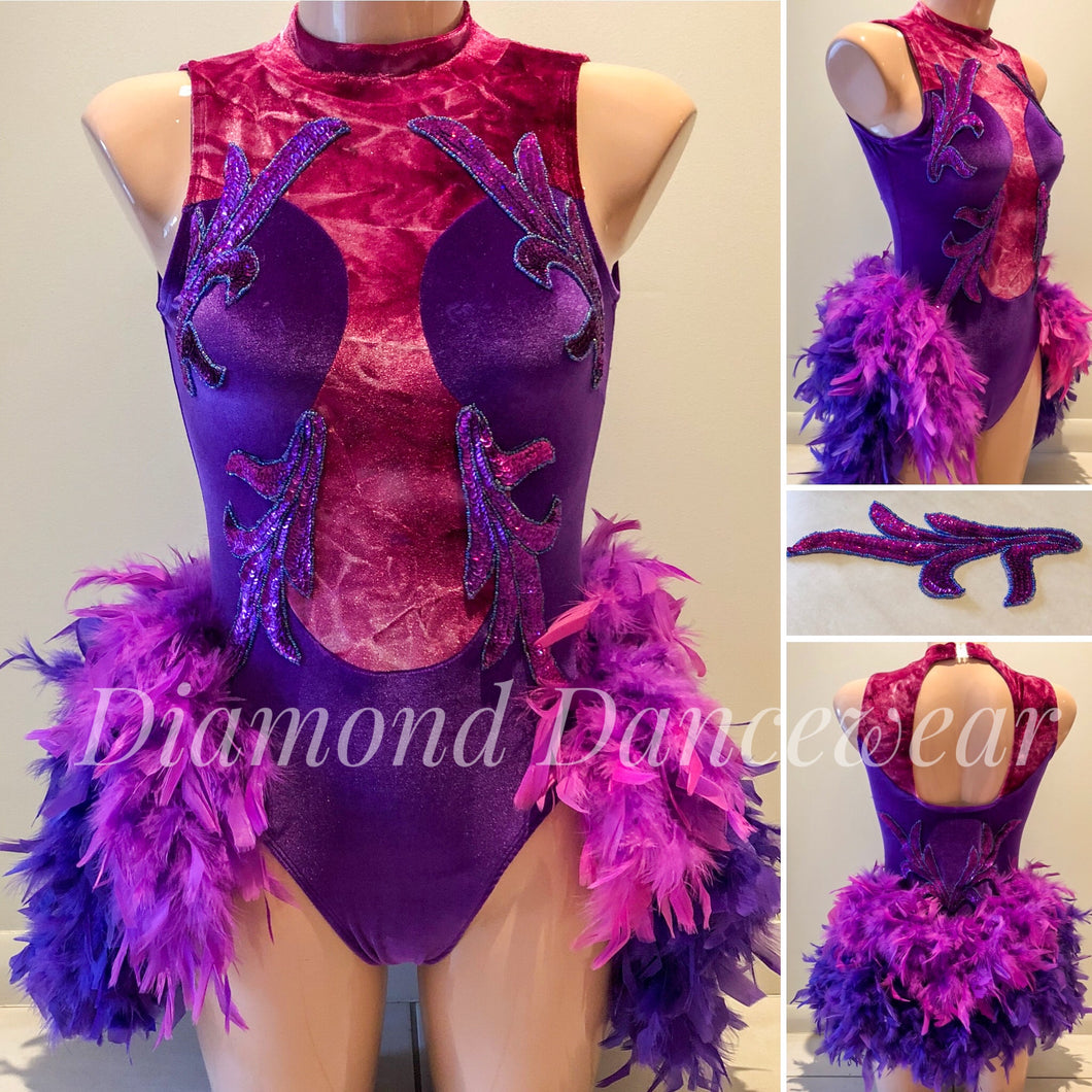 Adults Size 10 - Magenta and Purple Broadway Jazz Dance Costume with Feathers - In Stock