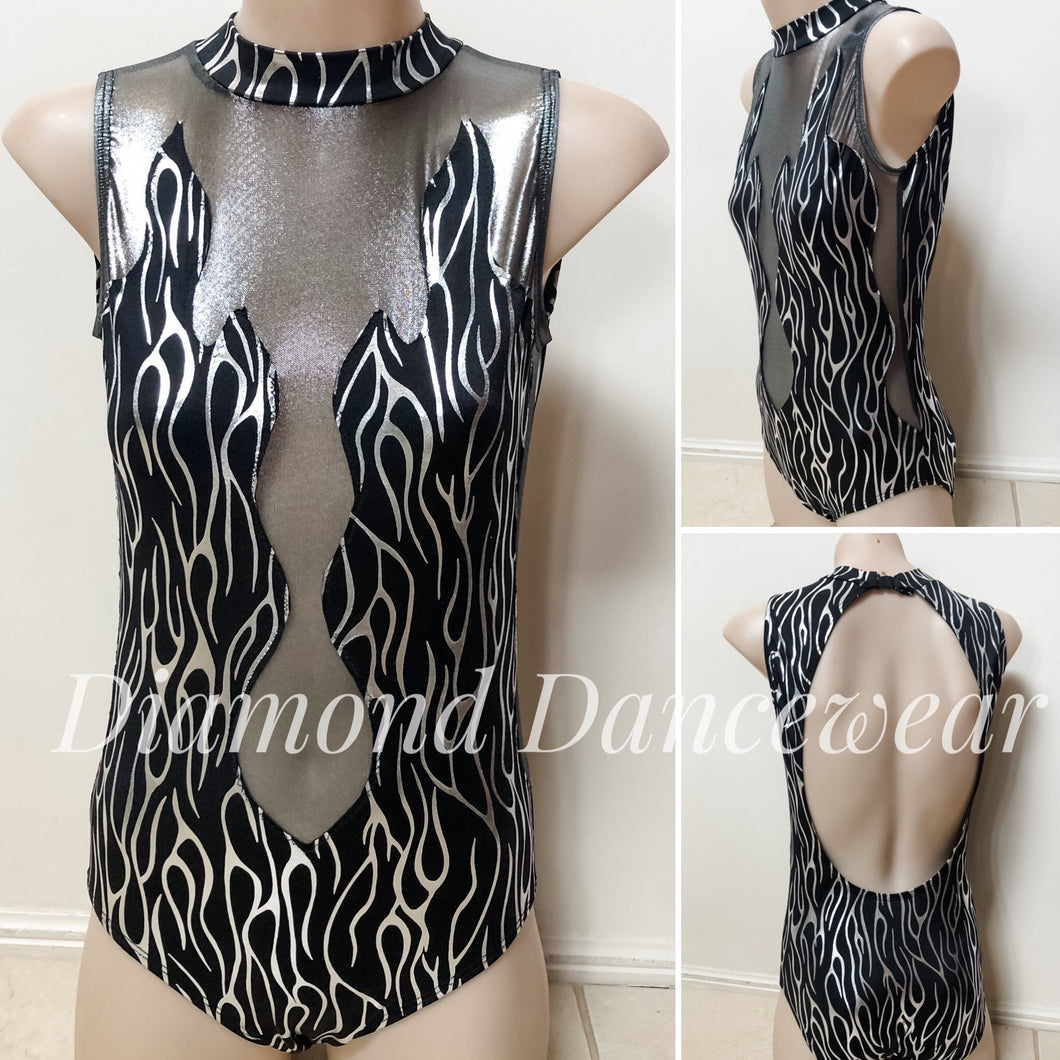 Girls Size 12 -  Black and Silver Flames Leotard - In Stock