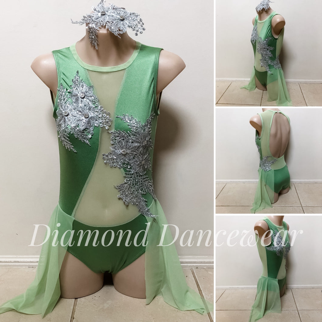Girls Size 12 - Pale Green and Silver Lyrical Dance Costume - In Stock