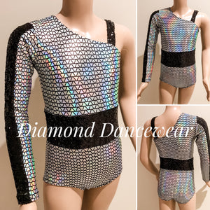 Girls Size 8 - Silver Holographic and Black Sequin Dance Costume - In Stock