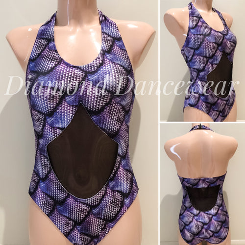 Adult Size 8 -  Black and Purple Abstract Print Lycra Leotard - In Stock