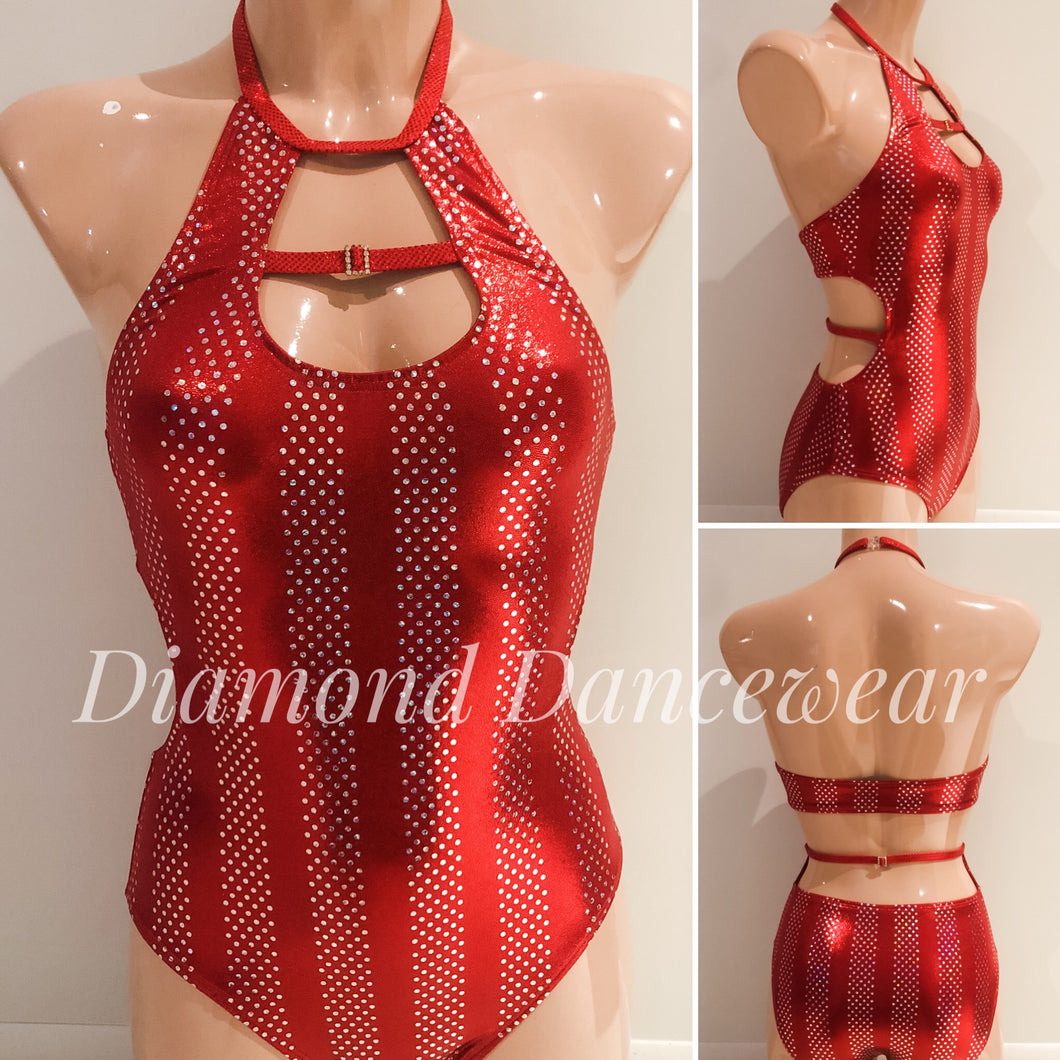 Adult Size 8 -  Red and Silver Foil Lycra Leotard - In Stock