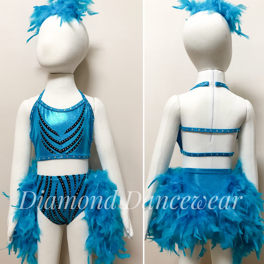 Girls size 6 - Aqua Lycra Two Piece with feathers- In Stock